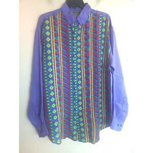 Oleg Cassini Men Vtg Purple Multicolor Pattern 100% Silk Button Down Shirt Med